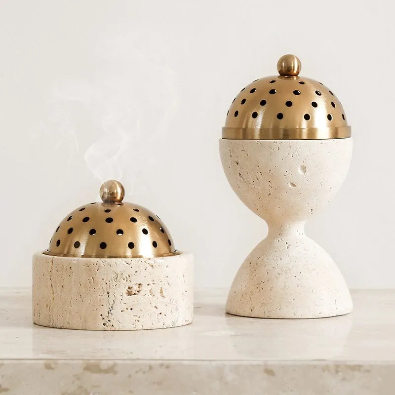 Afralia™ Travertine Marble Incense Burner with Brass Cover