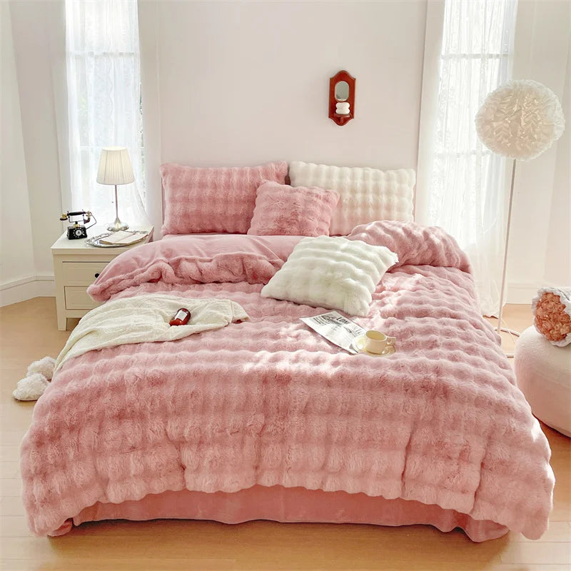 Afralia™ Velvet Fleece Princess Bedding Set in Pink Purple Grey Gradient, Luxury Duvet Cover & Faux Rabbit Fur