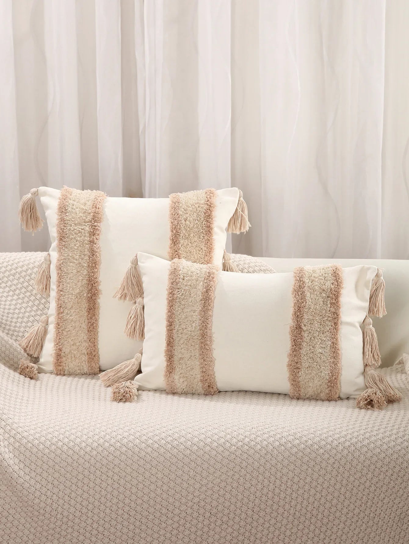 Geometric Tufted Cushion Cover with Fringe by Afralia™ - Black White Beige Sofa Pillow