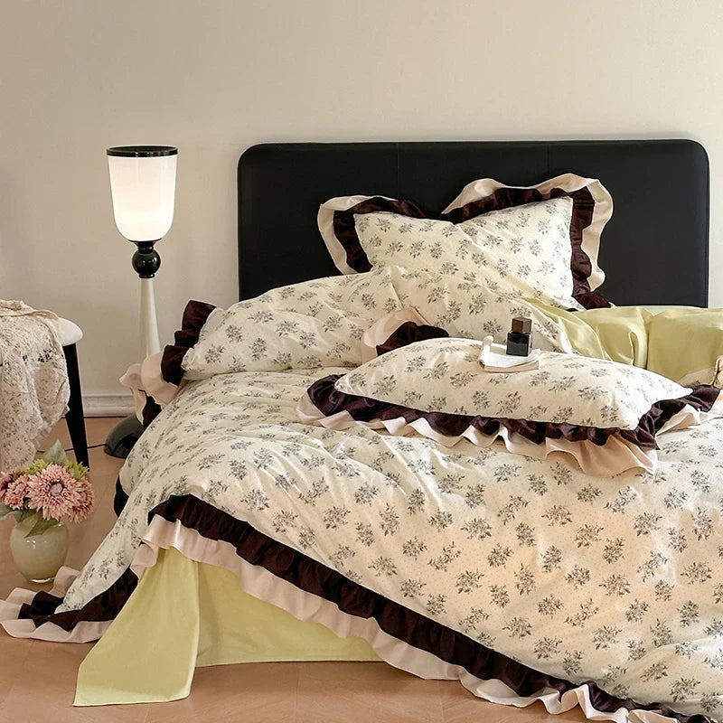 Afralia™ Vintage Floral Cotton Ruffles Princess Bedding Set with Double Layer