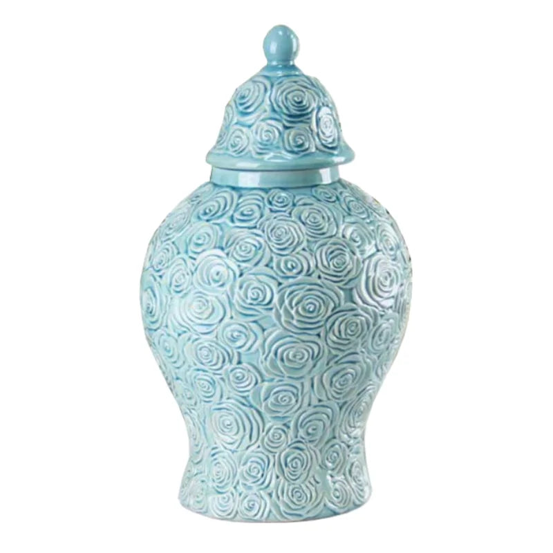 Afralia™ Checkmate Porcelain Ginger Jar with Rose Relief, Storage & Vase