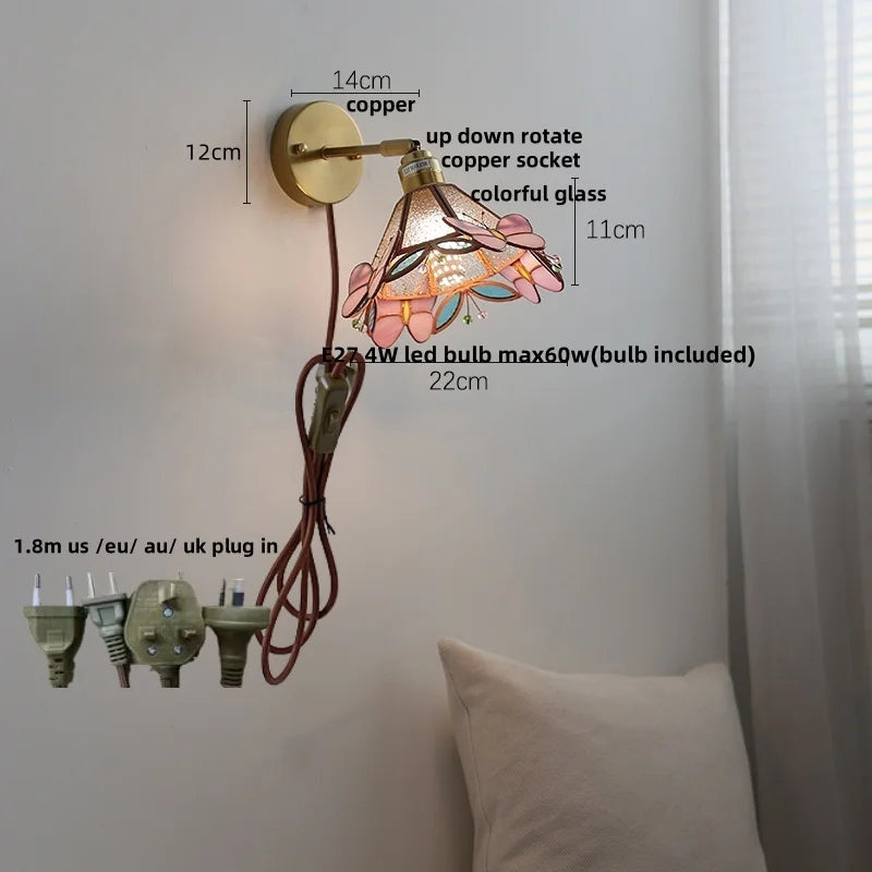 Afralia™ Colorful Square Glass LED Wall Lights with Pull Chain Switch, Tiffany Style