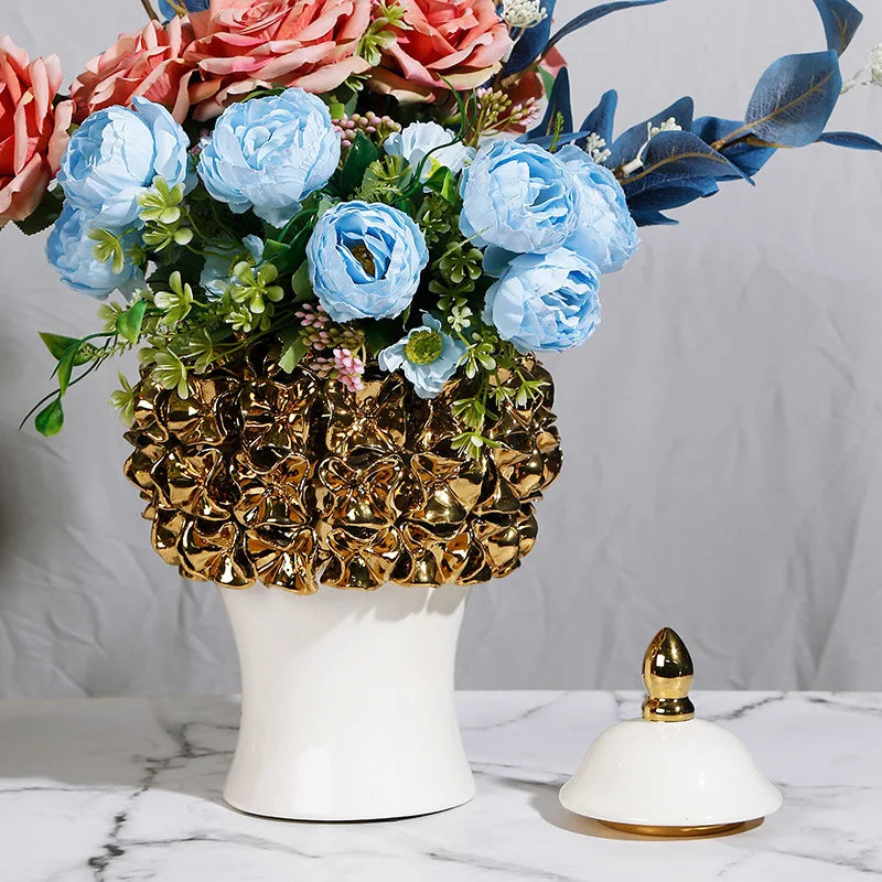 Afralia™ Golden Flower Ginger Jar Relief Flower Vase Home Decor