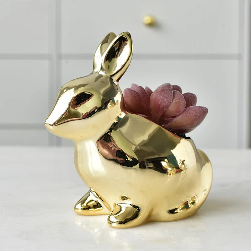 Afralia™ Golden Rabbit Ceramic Flower Pot | Cartoon Succulent Planting Vase