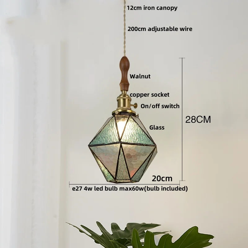 Afralia™ Brass Vintage LED Pendant Light Fixture Walnut Wood Glass Dining Room Lights