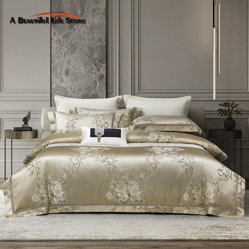 Afralia™ Peony Flowers Satin Jacquard Bedding Set, Luxurious Egyptian Cotton, Soft & Silky Quality