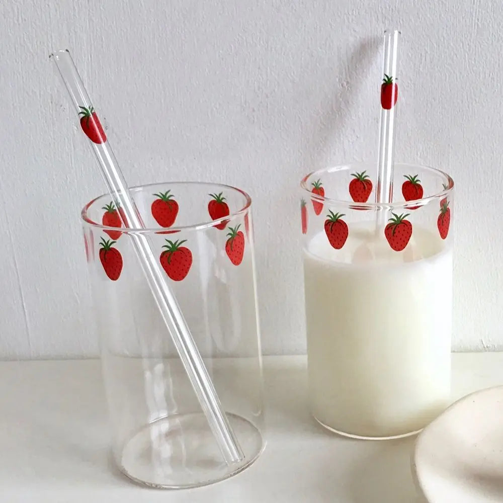 Afralia™ Strawberry Glass Cup 300ml with Straw, Heat Resistant, Transparent, Cute Design