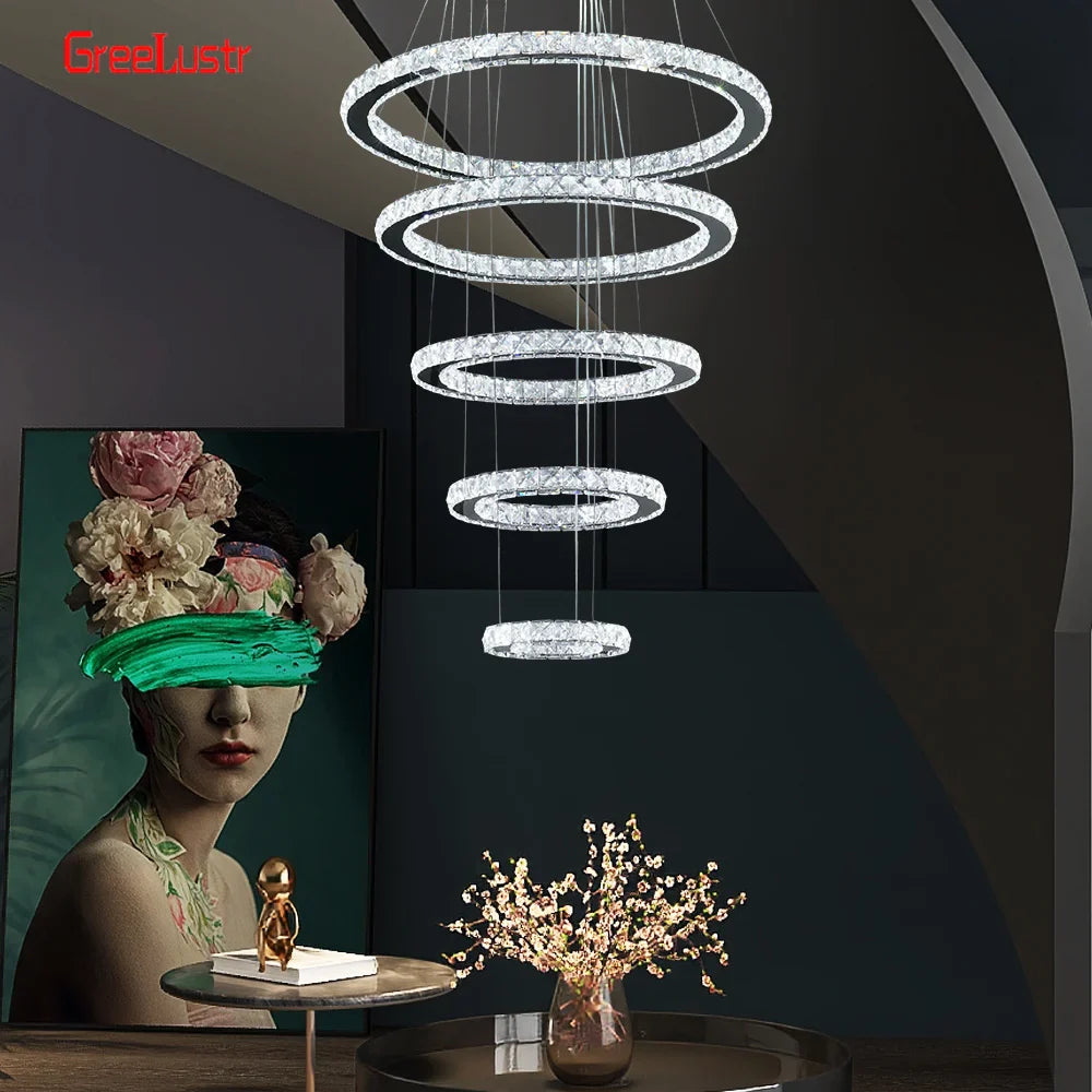 Afralia™ Crystal Chrome LED Pendant Light Rings Chandelier for Living Room Bedroom