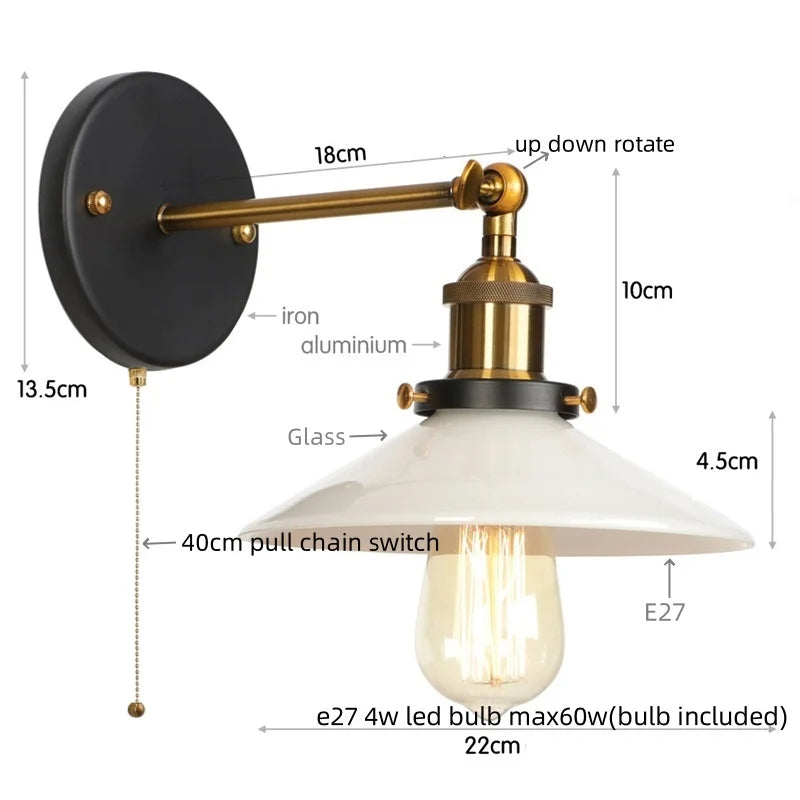 Afralia™ White Glass LED Wall Light Sconce Vintage Bedroom Lamp Industrial Wall Lights