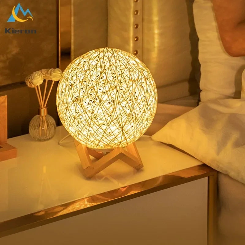 Afralia™ Minimalist Rattan Ball LED Table Lamp with Solid Wood Base