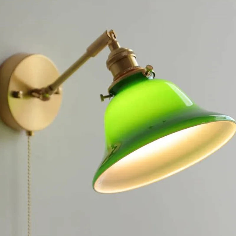 Afralia™ Green Loft LED Wall Light: Vintage Bedside Lamp, Up Down Rotate Glass, Pull Chain Switch
