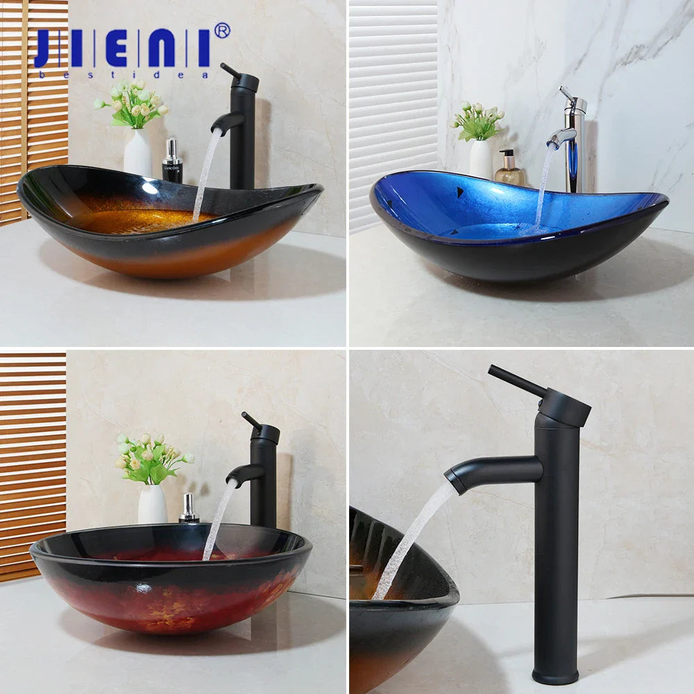 Afralia™ Hand-Painted Glass Sink Basin Vanity Set with ORB Faucets