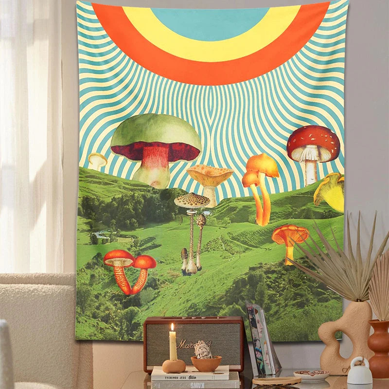 Psychedelic Mushroom Mountain Tapestry by Afralia™ - Hippie Bohemian Wall Decor