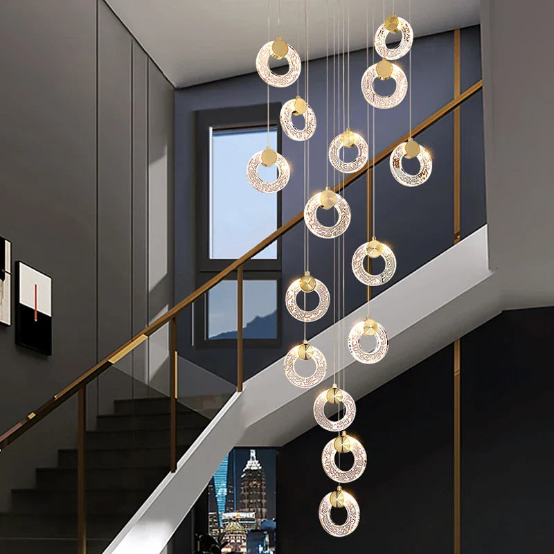 Afralia™ Circular Crystal Led Chandelier Luxury Modern Villa Staircase Living Room Decor Fixtur