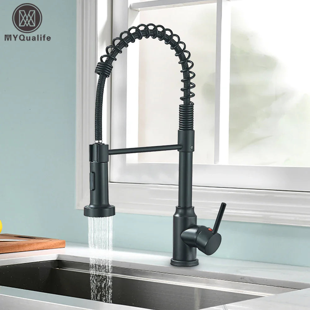 Afralia™ Matte Black Kitchen Faucet Single Handle Spring Hot Cold Water Tap Deck Mounted