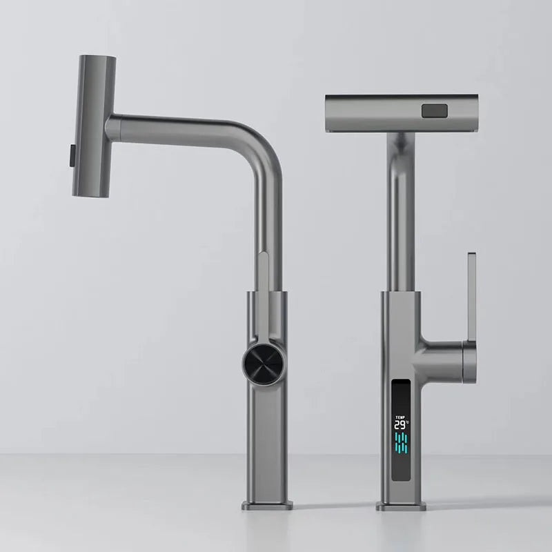 Afralia™ Digital Display Single Lever Brass Kitchen Faucet - Hot Cold Pull Out Mixer