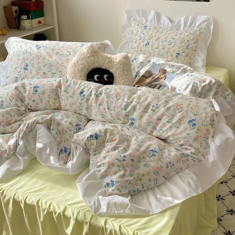 Afralia™ Romantic Floral Print Bedding Set with Lace – Gentle & Comfortable Bedclothes for Girls