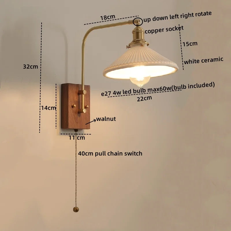 Afralia™ Glass Walnut LED Wall Lamp with Pull Chain Switch - Modern Home Decor