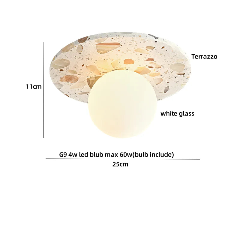 Afralia™ Terrazzo Stone LED Ceiling Light with White Glass Ball - Wabi Sabi Flush Mount