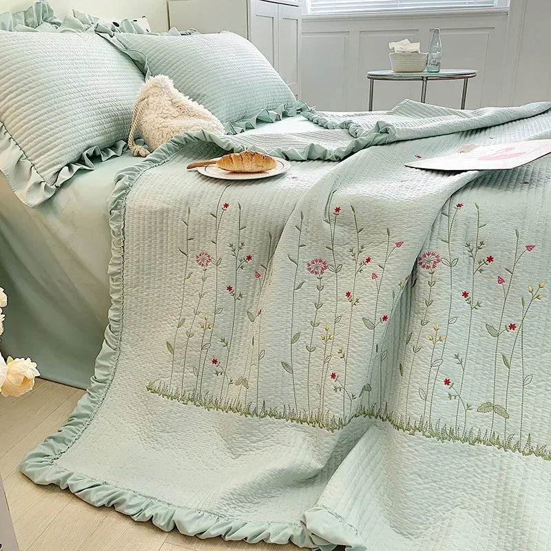 Afralia™ Fresh Flower Embroidered Summer Quilt Set - Lightweight Ruffled Comforter