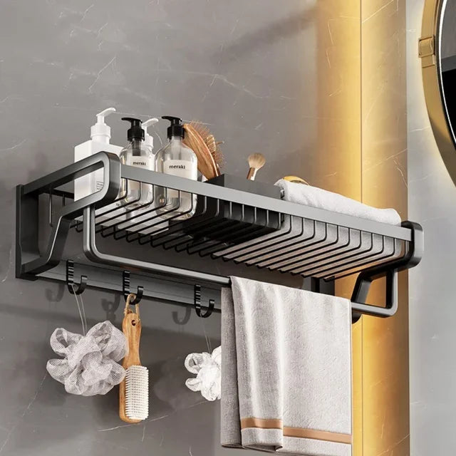 Afralia™ Aluminum Bathroom Towel Holder with Hook and Storage Basket