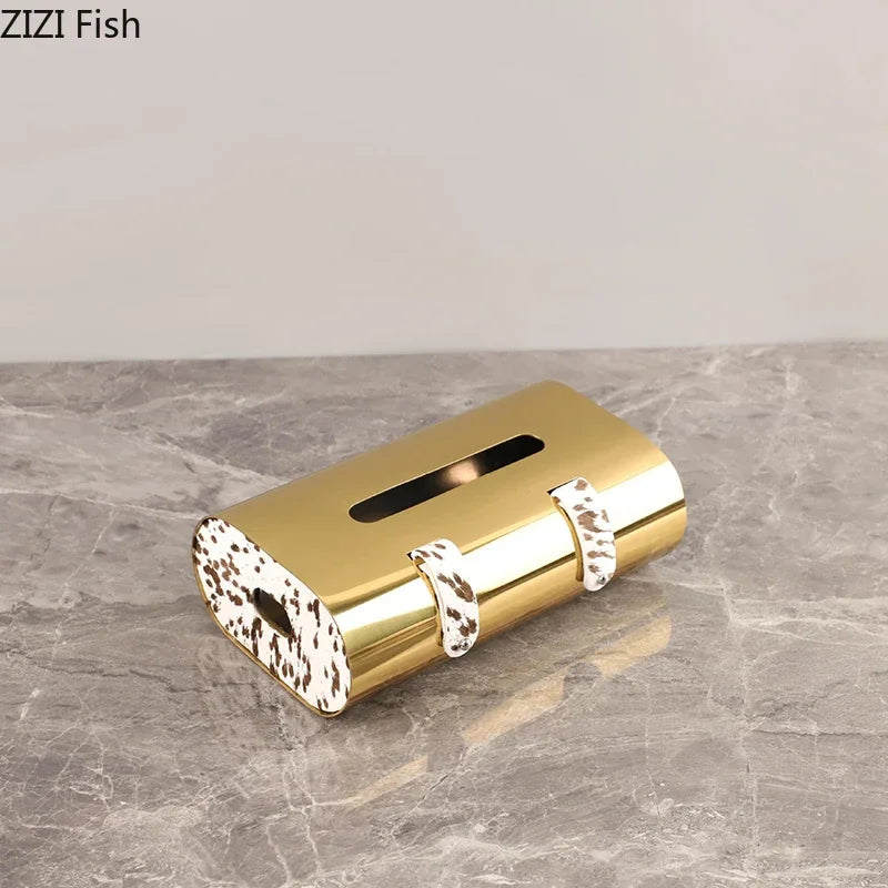 Afralia™ Stylish Dot Texture Tissue Box Holder for Coffee Table, Desk, Bedside, Metal/Leather