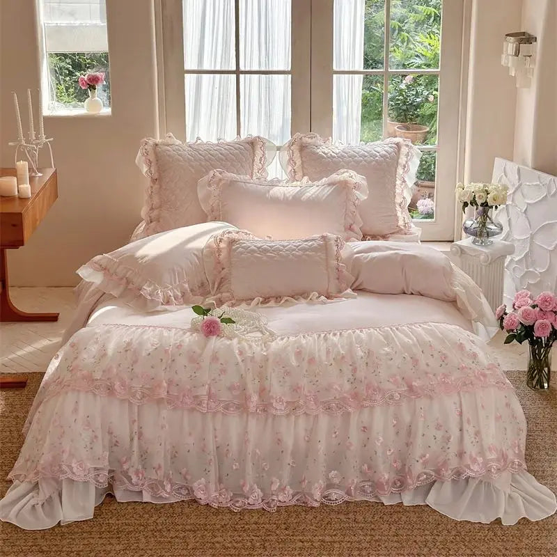 Afralia™ Winter Velvet Princess Bedding Set with Lace Ruffles and Quilted Bed Skirt