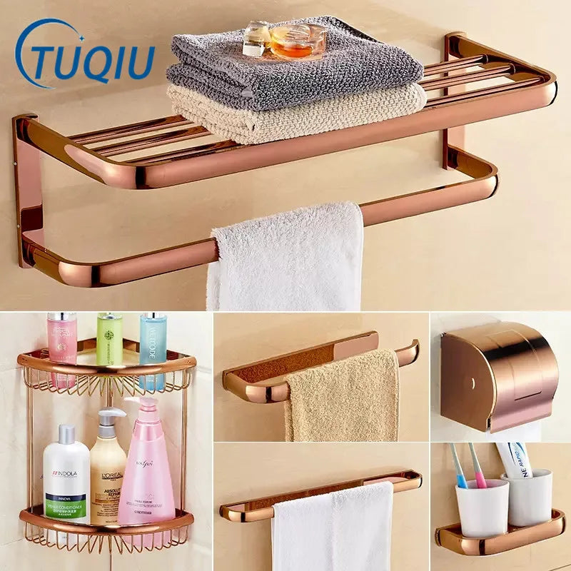 Afralia™ Rose Gold Bathroom Accessories Set: Towel Rack, Shelf, Paper Holder, Towel Holder, Toilet Brush Holder