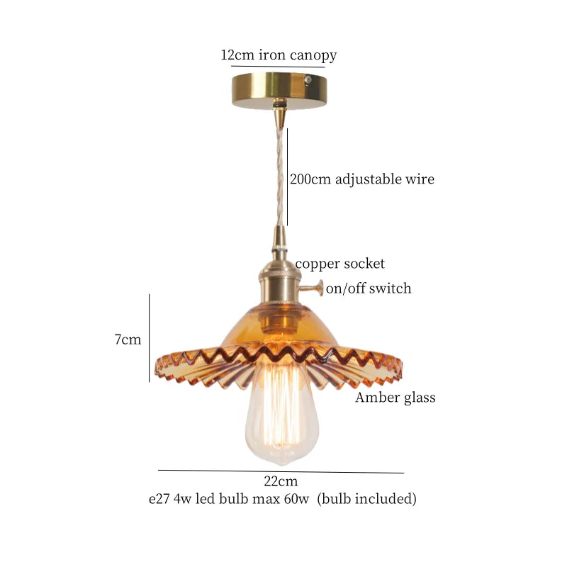 Afralia™ Brass Amber Glass LED Pendant Light for Restaurant Bedside Kitchen Loft Bar