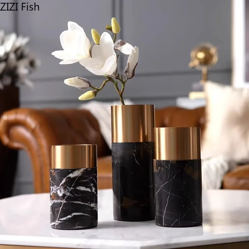 Marble Cylinder Vase by Afralia™ - Gold-plated Ceramic Desk Decor