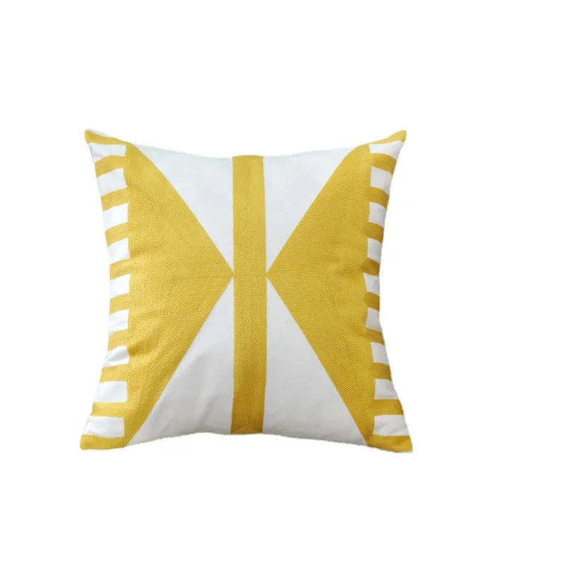 Afralia™ Yellow Geometric Floral Embroidered Canvas Cotton Pillow Cover 45x45cm