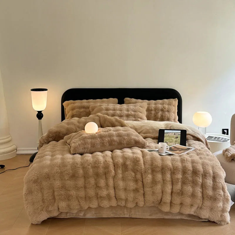 Afralia™ Faux Rabbit Fur Bedding Set, Velvet Plush, Soft & Luxurious 4Pcs