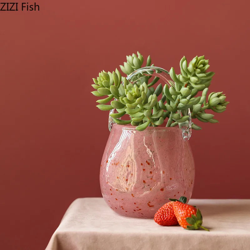 Afralia™ Pink Glass Flower Vase Terrarium Basket Home Decor Accessory