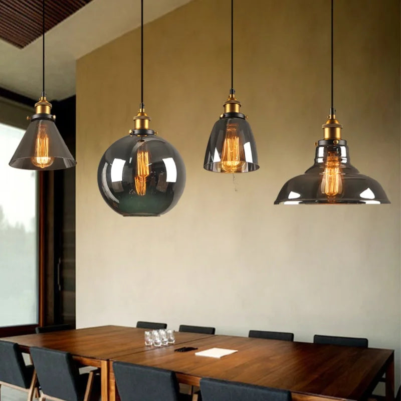 Afralia™ Loft Smoke Gray Glass LED Pendant Lamp - Vintage Brass Hanging Light