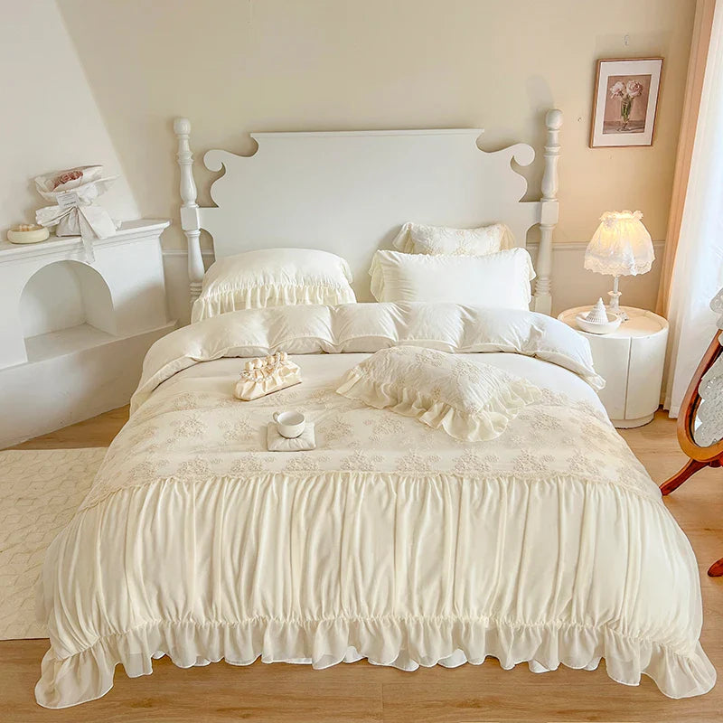 Afralia™ Pink Chiffon Lace Ruffles French Princess Bedding Set - 6-Piece Queen Size
