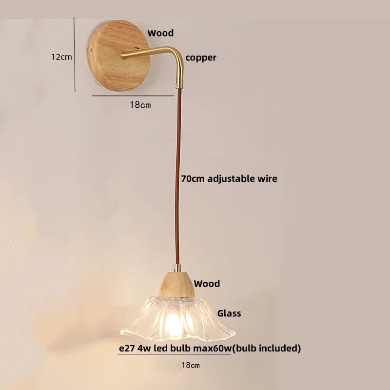 Afralia™ Clear Glass LED Wall Lights with Wood Pull Chain Switch, Modern Art Bedside Lamp