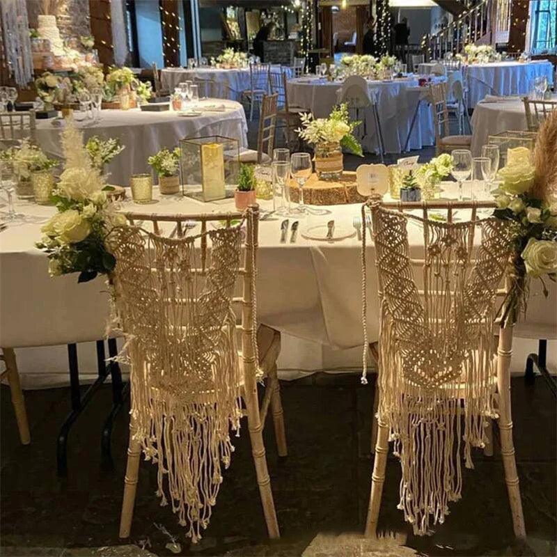 Afralia™ Macrame Wedding Chair Back Tapestry - Mr & Mrs Boho Woven Cotton Valance