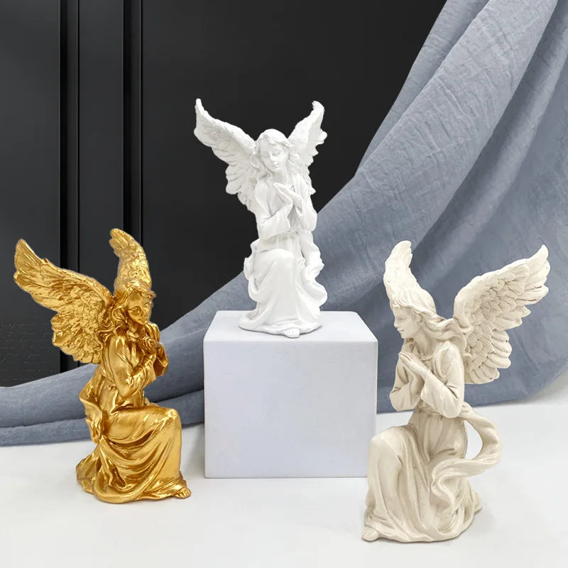 Afralia™ Angel Figurine White Gold Resin Sculpture Collectible Statue Home Decor