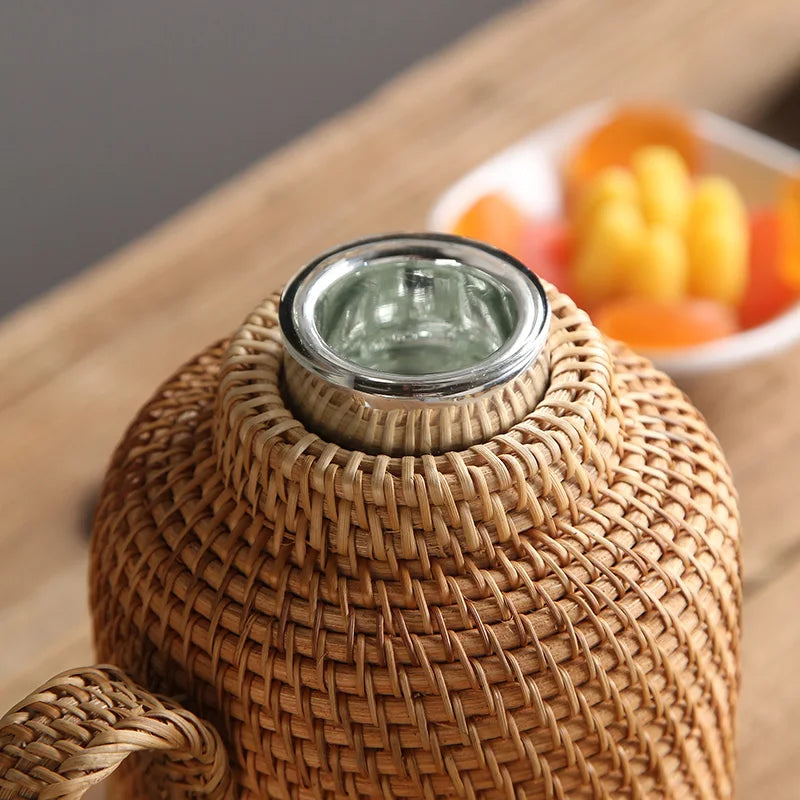 Afralia™ Rattan 1L Vacuum Flask Tea Coffee Jug Hot Water Bottle Thermal Pot