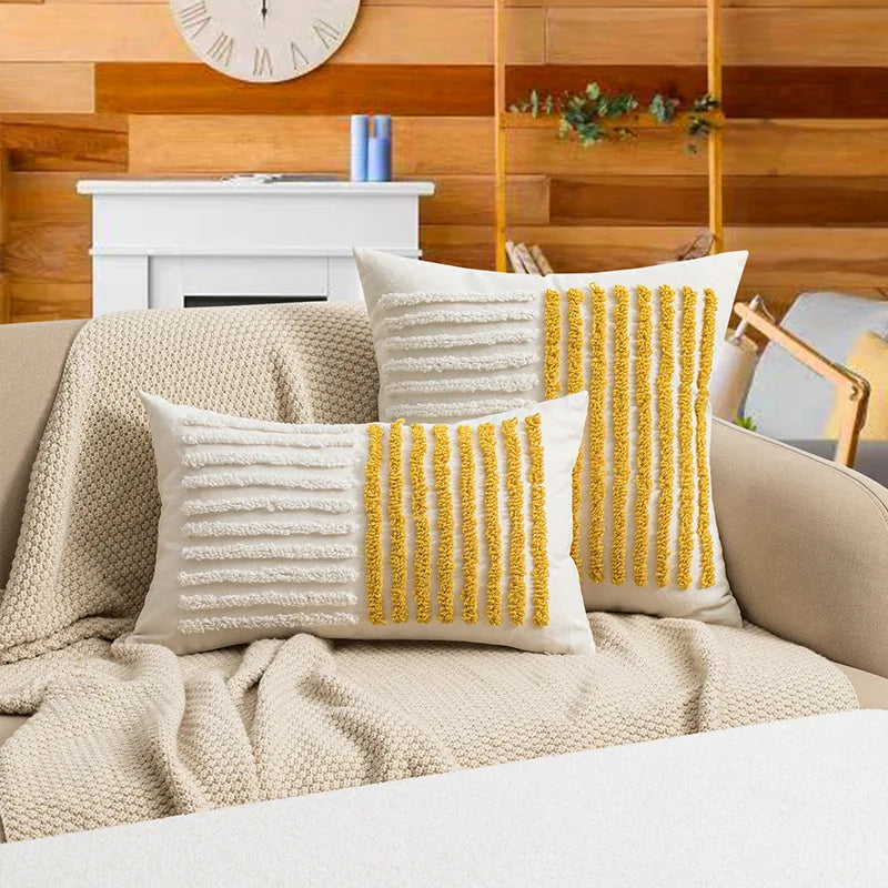 Afralia™ Navy Blue Yellow Stripe Embroidered Cotton Canvas Tufted Cushion Cover