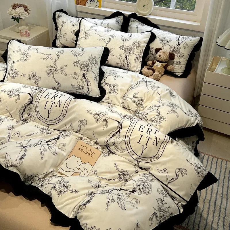 Afralia™ Black White Printed Bed Skirt Bedding Set - Cozy Skin Friendly Linens