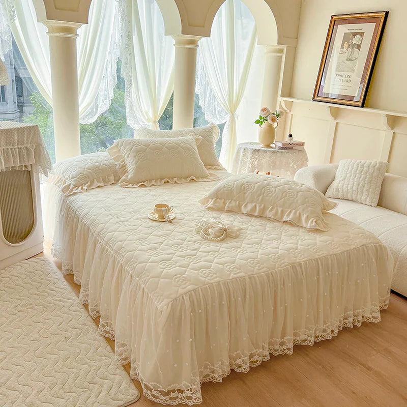 Afralia™ Velvet Princess Lace Ruffles Bedding Set - 4pcs Luxury Solid Color