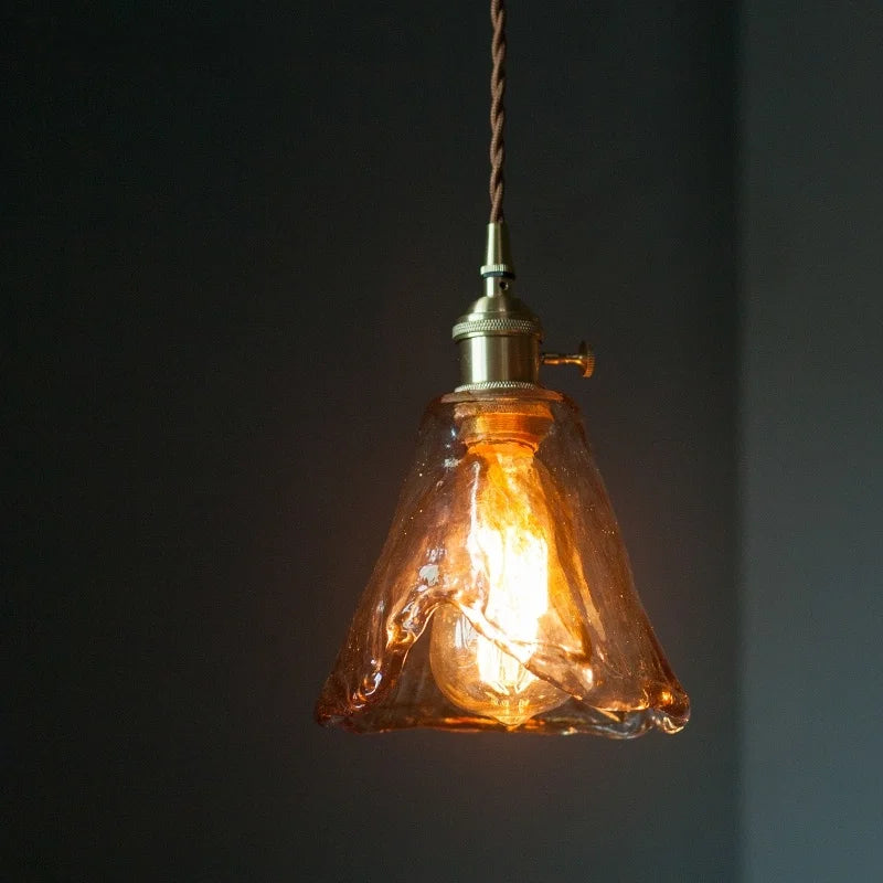 Afralia™ Brass Amber Glass LED Pendant Light for Restaurant Bedside Kitchen Loft Bar