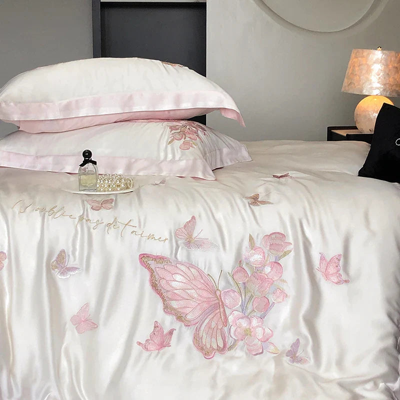 Afralia™ Pink Butterfly Flowers 1000TC Egyptian Cotton Bedding Set - 4Pcs