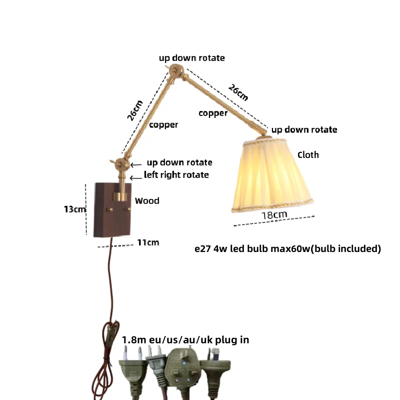 Afralia™ Wood LED Wall Sconce Pull Chain Switch Rotatable 2 Arms Stair Light