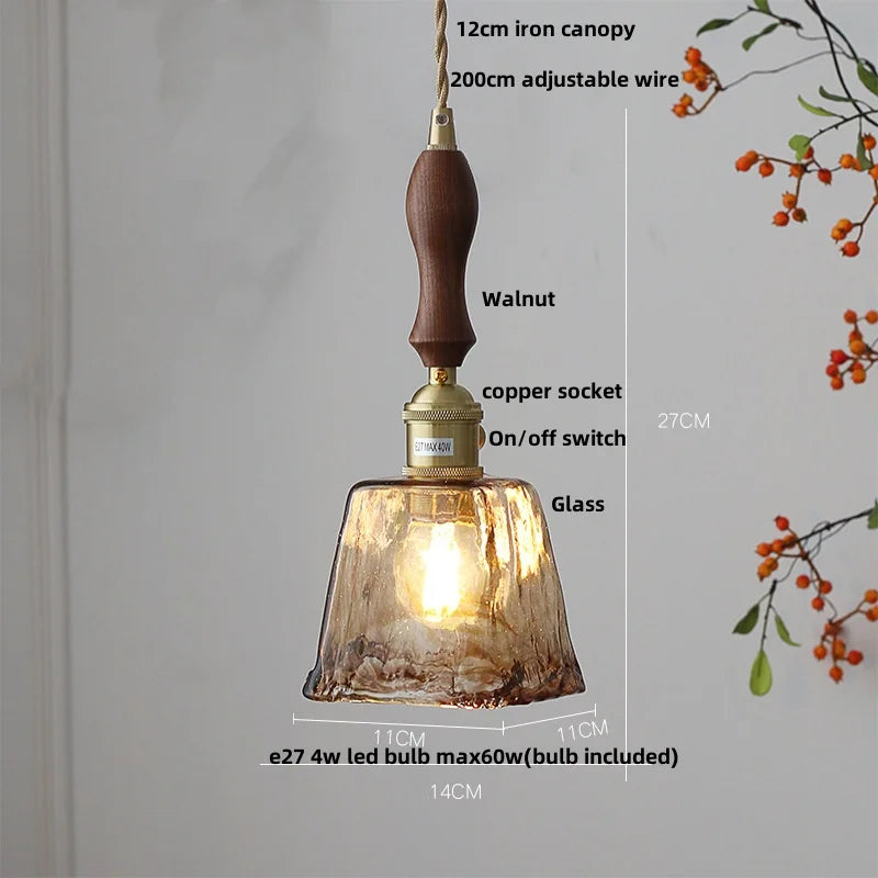 Afralia™ Amber Glass LED Pendant Light Fixture, Vintage E27 Copper Hanging Lamp