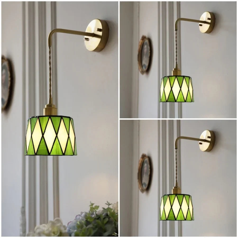 Afralia™ Tiffany Glass LED Wall Sconce | Adjustable Wire Fixture | Modern Pull Chain Switch