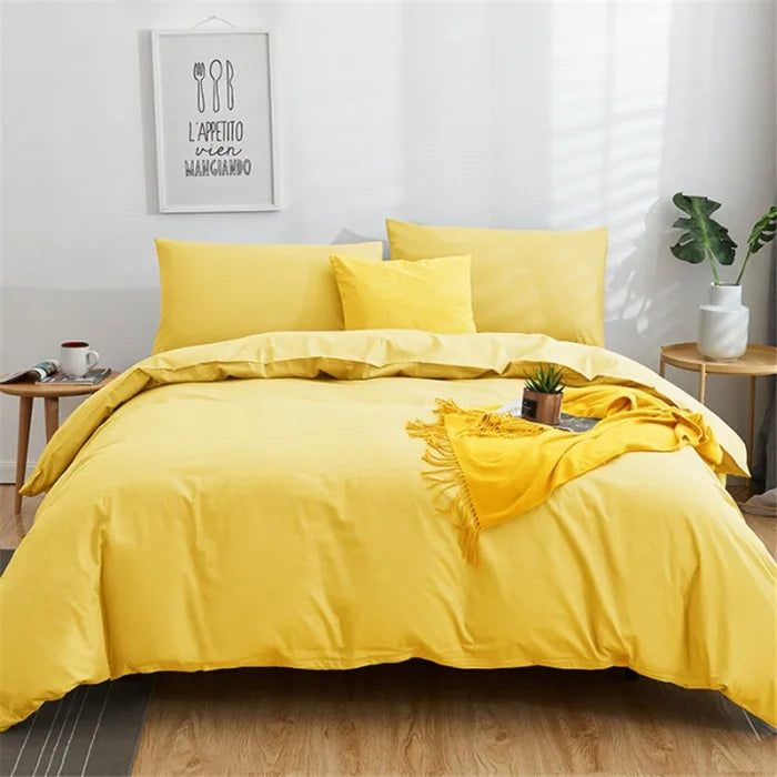 Afralia™ Cotton 4pcs Bedding Set Double Queen Solid Color Duvet Cover Flat Bed Sheet
