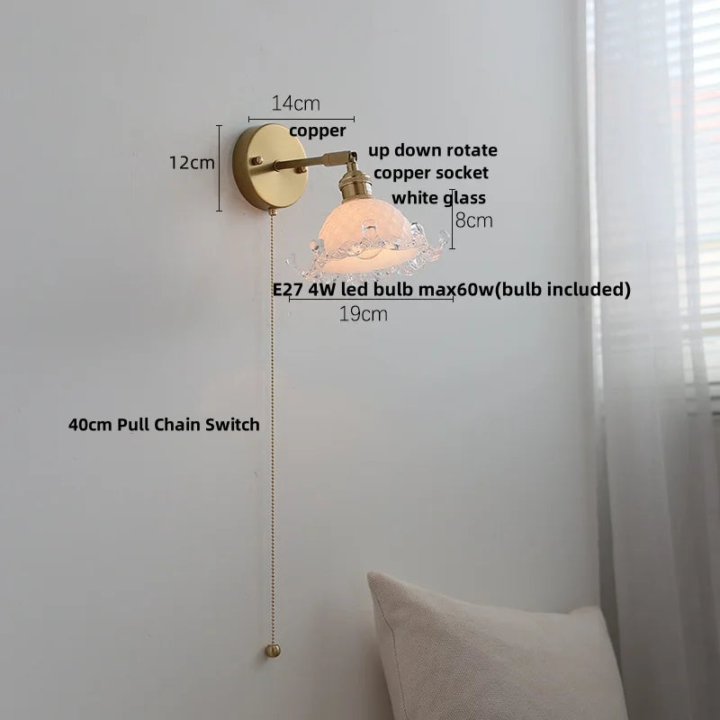Afralia™ White Glass Copper LED Wall Sconce with Pull Chain Switch