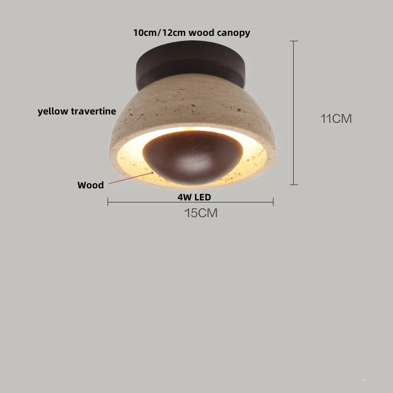 Afralia™ Yellow Travertine Glass LED Ceiling Light Japan Style Wood Base Plafonnier